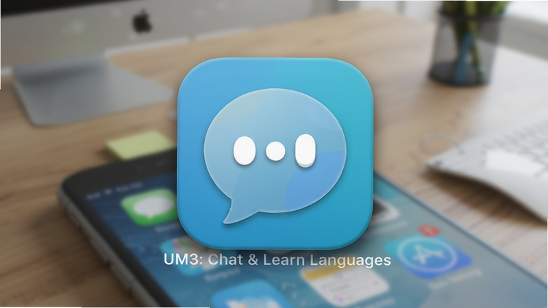 ����Ϊ�ֻ����棬���ּ�࣬������ʾUM3: Chat & Learn Languages��Ӧ��ͼ�꣬���Ϊ���ﻯ��ƣ�ϸ�ڰ���ͼ���ϵĶԻ�����logo����͵���ӰЧ�������ʸ��壬����Ϊģ���İ칫���棬ͻ��Ӧ������