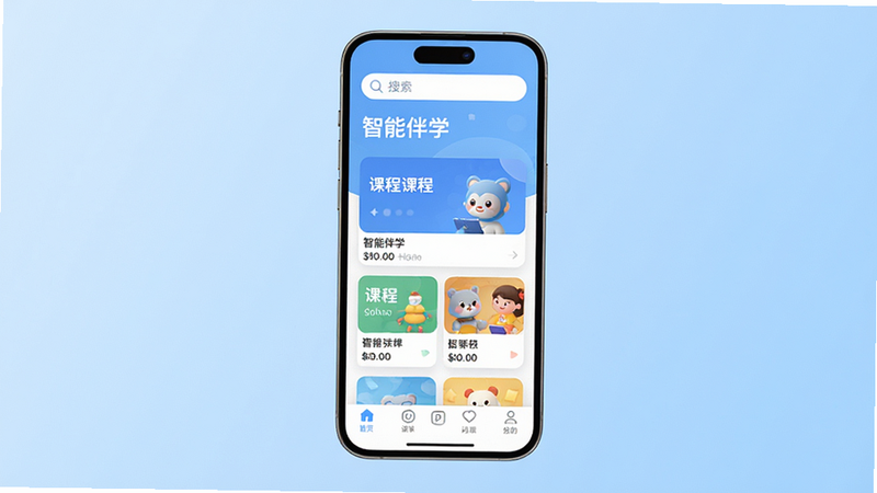 主体为一部竖屏智能手机,屏幕显示“智能伴学”APP主界面,背景为纯净的浅蓝色渐变,布局清晰,顶部有搜索栏,中间展示课程卡片,底部有导航栏,风格现代简约,细节精致,画质高清,干净,无多余元素