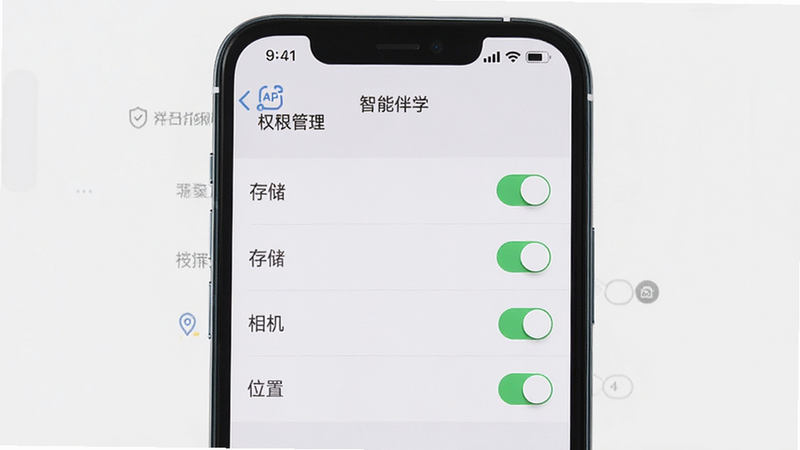 主体为手机设置界面,显示“智能伴学”APP的权限管理页面,列表中有“存储”、“相机”、“位置”等选项,开关状态清晰可见,布局规范,排版整齐,风格系统原生,细节准确,画质高清,干净,无多余元素