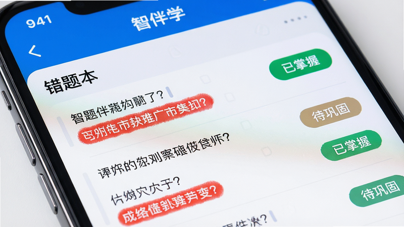 主体为手机屏幕局部特写,显示“智能伴学”APP中的错题本页面,列表中题目带有红色标记,右侧有“已掌握”和“待巩固”标签,布局整齐,排版清晰,风格科技感,细节丰富,画质高清,干净,无多余元素