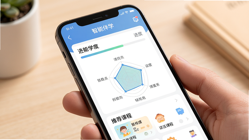 主体为手机屏幕,显示“智能伴学”APP的个人学习仪表盘,包含进度条、雷达图和推荐课程列表,布局平衡,排版优雅,风格温馨且专业,细节柔和,画质高清,干净,无多余元素