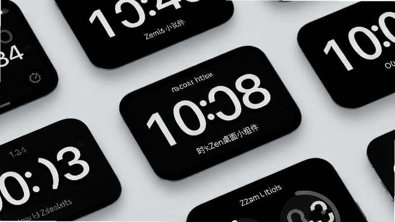 一张高清的手机桌面特写图,主体是“时钟Zen桌面小组件”的多种显示样式,布局整齐排列在浅灰色背景上,排版简洁现代,风格极简主义,细节清晰展示数字字体与阴影效果,画质8K超清,干净,无多余元素