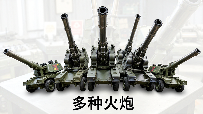 主体为多款不同型号的军用火炮排列展示,布局呈扇形分布,排版整齐,风格为工业机械风,细节展示炮管纹理与金属光泽,画质高清,干净,文字“多种火炮”位于底部
