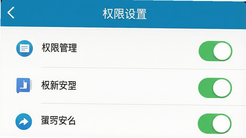 主体为手机设置界面截图,布局显示权限管理列表,排版清晰,风格为系统UI风,细节包含开关按钮与图标,画质清晰,干净,文字“权限设置”在顶部