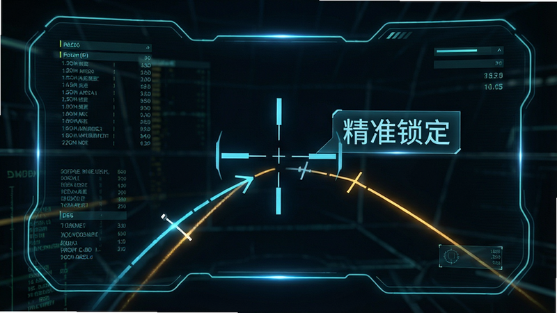 主体为游戏内的瞄准辅助界面,布局显示十字准星与动态弹道轨迹线,排版科技感十足,风格为数字HUD界面,细节包含数据流与光效,画质清晰,干净,文字“精准锁定”悬浮在准星旁