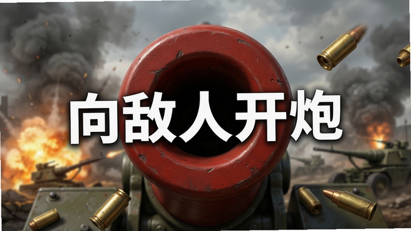 主体为《向敌人开炮》游戏主界面,布局居中显示巨大的红色炮口特写,背景是硝烟弥漫的战场,排版简洁大气,风格为写实军事风,细节丰富包含爆炸火光与弹壳,画质4k高清,干净无多余元素,文字“向敌人开炮”以白色粗体显示在画面中央