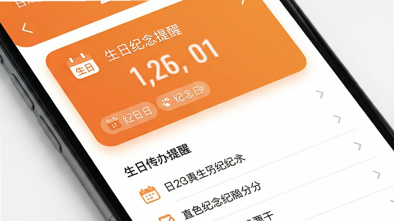 主体为手机屏幕界面,展示日历生日纪念提醒APP的主视图。布局为上下结构,上部为醒目的日期卡片,下部为待办列表。排版整洁,无多余装饰。风格为现代扁平化UI,色调以温暖的橙色和白色为主。细节包括清晰的“生日”、“纪念日”标签图标,文字内容清晰可读。画质高清,干净,无多余元素,UI设计图