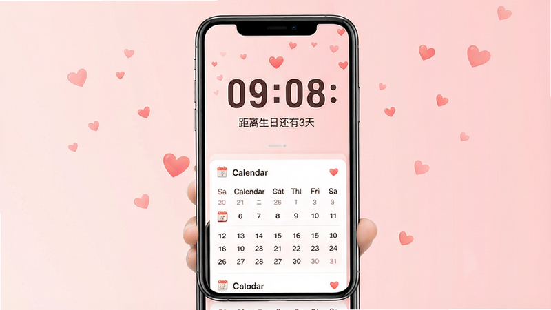 主体为手机界面,显示倒计时数字和日历列表。布局为中心对称结构,上方为大号倒计时数字,下方为列表。排版简洁大方。风格为温馨浪漫,背景为淡粉色渐变。细节包括“距离生日还有3天”的文字,以及心形图标装饰。画质高清,干净,无多余元素,UI设计图