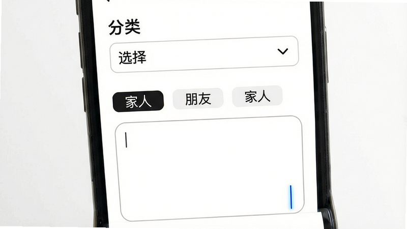 主体为手机应用界面,展示分类标签和备注输入框。布局为表单样式,上方为下拉菜单选择分类,下方为多行文本输入框。排版清晰,字段标签明确。风格为极简主义,白色背景,黑色文字。细节包括“家人”、“朋友”等标签按钮,以及输入光标闪烁效果。画质高清,干净,无多余元素,UI设计图