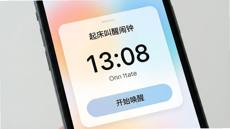 主体为手机屏幕显示的“起床叫醒闹钟”应用界面,布局为居中卡片式设计,排版整洁留白充足,风格为清新扁平化UI,细节包含大字体的时间显示、柔和的渐变色背景、圆角按钮,画质高清4k,干净无多余元素,文字内容包含“起床叫醒闹钟”、“开始唤醒”