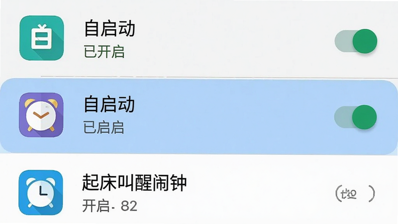 主体为手机设置界面截图,展示“自启动”权限开启状态,布局为列表项高亮显示,排版为标准安卓设置风格,风格简洁清晰,细节包含开关按钮、应用图标、权限名称,画质清晰,干净,无多余元素,文字内容包含“自启动”、“已开启”、“起床叫醒闹钟”