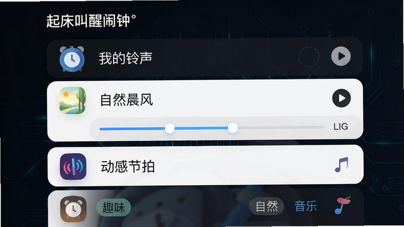 主体为“起床叫醒闹钟”应用内的铃声选择列表界面,布局为左侧图标右侧文字列表,排版清晰有序,风格为现代简约科技风,细节包含播放按钮、进度条、分类标签(自然、音乐、趣味),画质细腻,干净,无多余元素,文字内容包含“我的铃声”、“自然晨风”、“动感节拍”