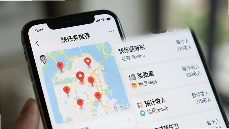 �ֻ���Ļ��д����ʾ�����н��ְ��APP�������Ƽ�ҳ�棬����ͼ���ж����ɫ��λ�㣬�Ҳ��б���ʾ�������ơ��ص�����Ԥ�����룬������Ƽ�࣬���������������黯��ͻ����Ļ���ݣ���ʵ��Ӱ��񣬸�������