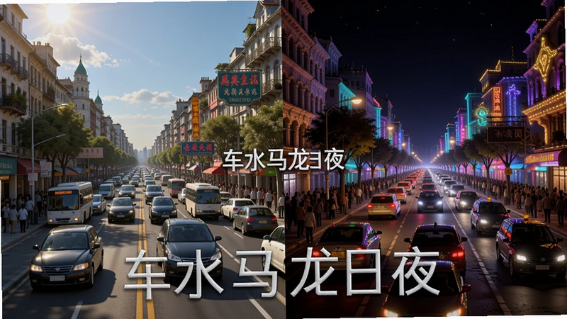 生成一张对比图,左侧是白天的繁忙街道,右侧是夜晚的灯光秀,布局左右分屏,排版整齐,风格为高清壁纸风,细节丰富展现不同时间段的色彩差异,画质细腻,干净无杂乱元素,图片中包含文字