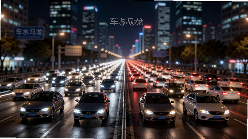 生成一张高质量的城市夜景全景图,主体是宽阔的马路上川流不息的汽车,车头灯和尾灯形成光轨,背景是模糊的高楼大厦,布局采用广角透视,排版居中对称,风格为写实摄影风,细节清晰展现车辆型号和路面反光,画质8k,干净无多余元素,图片中包含文字