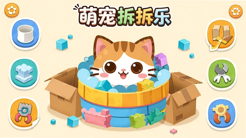 主体为《萌宠拆拆乐》游戏主界面,布局采用中心构图,中央是一只被彩色泡沫和纸箱层层包裹的可爱卡通小猫,周围散落着拆解工具图标,排版清晰整洁,风格为扁平化卡通插画,色彩明亮温馨,细节丰富,画质高清,干净,无多余元素