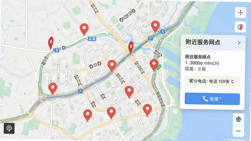 ����Ϊ��ͼѡ����棬�����Ե�ͼΪ����������ע�����ɫ��λͼ������������㣬�Ҳ����������ʾ����ŵ�����ơ�����͵绰��ť�����ֱ�����ã�ϸ�ڴ���ʵʱ·�����������ʸ��壬�ɾ��޶���Ԫ�أ��������ݰ����������������㡱