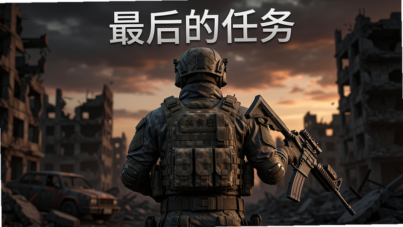 主体为一名身穿重型战术装甲的特种兵背影,手持突击步枪,背景是破败的城市废墟和昏暗的黄昏天空,画面风格为写实3D游戏渲染,布局居中,细节丰富,画质高清,干净无多余元素,文字“最后的任务”悬浮在顶部