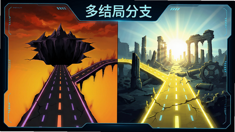 主体为分叉的道路地图界面,左侧道路通向黑暗深渊,右侧道路通向光亮废墟,风格为科幻UI设计,布局对称,色彩对比强烈,细节丰富,画质清晰,干净,文字“多结局分支”