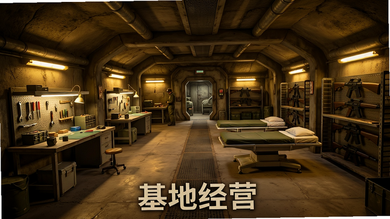 主体为地下避难所内部全景,有工作台、医疗床和武器架,灯光昏黄温暖,风格为末日生存基地设计,布局宽敞有序,细节真实,画质高清,干净,文字“基地经营”