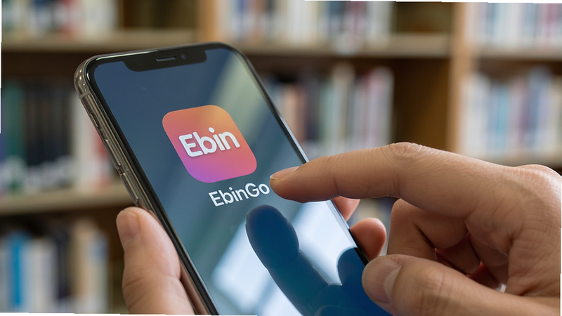 主体为手机手持使用场景,布局为近景特写,手指正在点击屏幕上的“EbinGo”图标。背景为模糊的图书馆书架,营造学习氛围。风格为写实摄影风,细节处有自然的光影反射,画质清晰,干净无杂物,无多余文字。