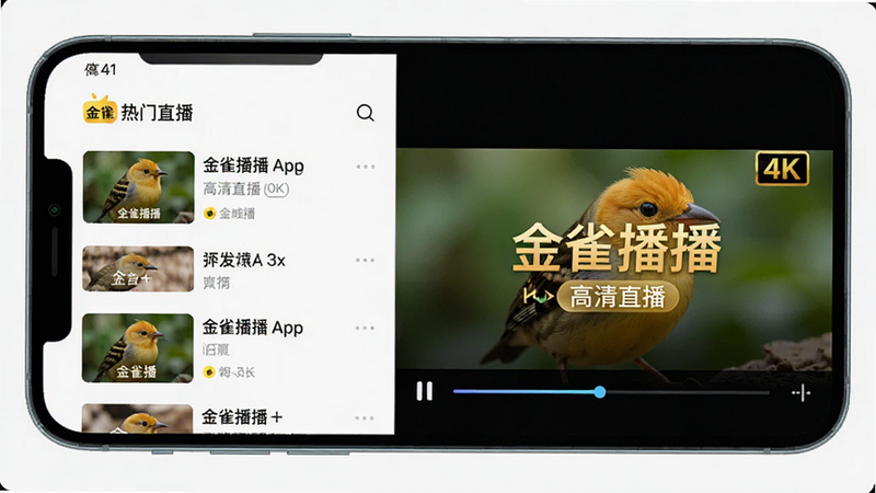 主体为金雀播播APP的手机界面预览图,布局采用左右分栏结构,左侧为热门直播列表,右侧为当前播放窗口,排版整洁有序,风格为现代简约科技风,细节处体现高清画质标识与流畅播放进度条,画质4k,干净,无多余元素,文字包含