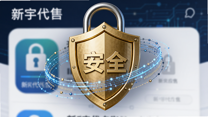 主体为一张安全锁与盾牌结合的示意图,背景为“新宇代售”应用界面,布局中心聚焦于一个金色的盾牌,盾牌上刻有“安全”字样,周围环绕着数据流线条,排版紧凑,风格严谨专业,细节清晰,画质4k,干净