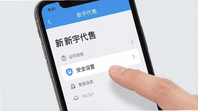 主体为手机屏幕显示“新宇代售”设置界面,手指点击“安全设置”选项,布局简洁,背景浅灰色,风格扁平,细节清晰,画质高清,干净