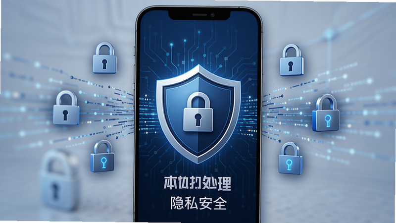 盾牌图标位于手机屏幕中央,周围环绕着锁形符号和数据流线条,背景为深蓝色,象征安全与隐私保护,文字标注‘本地处理’、‘隐私安全’,风格严谨专业,高清画质