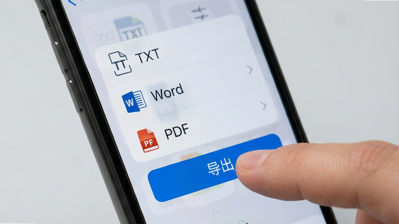 手机屏幕显示文件导出菜单,选项包括‘TXT’、‘Word’、‘PDF’,手指正在点击‘导出’按钮,界面简洁明了,背景为浅灰色,突出操作便捷性,高清细节,无杂乱元素
