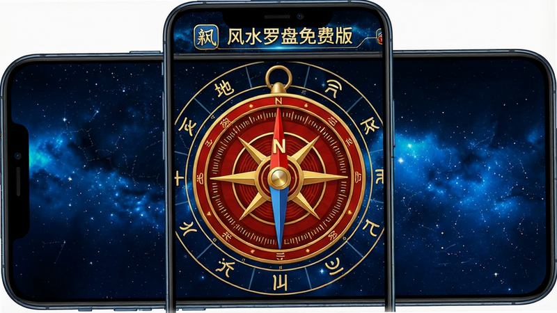 一张高清展示“风水罗盘免费版”安卓应用主界面的图片,主体为手机屏幕,屏幕中央显示一个精致的红色与金色相间的电子罗盘,指针指向北方,界面周围环绕着天干地支符号,背景为深蓝色星空纹理,整体风格科技与传统结合,画质清晰,无多余元素,文字标注“风水罗盘免费版”