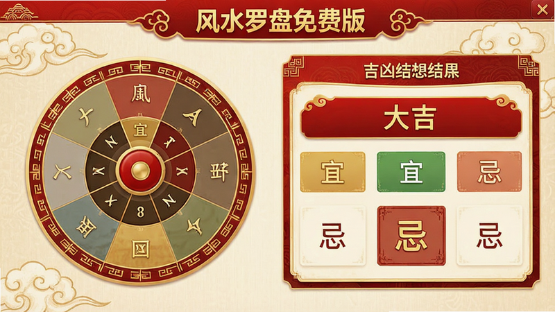 一张展示“风水罗盘免费版”吉凶查询功能的界面图,左侧为方位选择盘,右侧为吉凶结果显示卡片,显示“大吉”、“宜”、“忌”等字样,配色采用中国传统红金风格,布局整洁,细节丰富,体现专业感