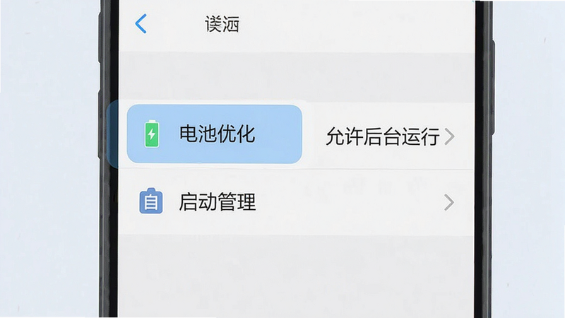 一张手机设置界面的示意图,重点高亮显示“电池优化”和“自启动管理”选项,旁边标注“允许后台运行”,背景为浅色简洁风格,清晰易懂