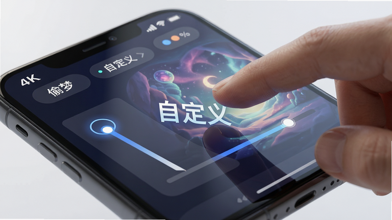 ��͵�Ρ�App�Ĺ�����ʾͼ������Ϊ��ָ����Ļ�ϻ��������λó����Ĳ�����������д�ӽǣ��Ű�۽��ڽ������������Ƽ����������в��棬ϸ����ʾ����UIԪ�صĸ߹ⷴ�䣬����4k���ɾ����޶���Ԫ�أ����֡��Զ��塱������ʾ