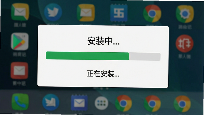 主体:Android手机安装过程示意图,布局:屏幕中央显示安装进度条,下方有“正在安装”文字,背景为桌面图标,排版:聚焦安装弹窗,风格:真实UI模拟,细节:进度条绿色填充,文字:“安装中...”清晰可见,画质:高保真,无多余干扰元素
