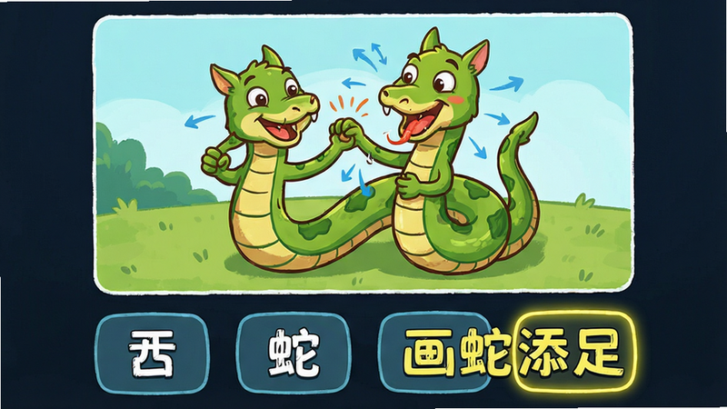 主体:游戏内的看图猜成语关卡展示,布局:屏幕中央是一幅描绘“画蛇添足”动作的卡通插画,下方是四个汉字选项,排版:图文结合,视觉焦点集中在插画上,风格:生动活泼,细节:插画线条流畅,色彩鲜艳,文字:“画蛇添足”作为正确答案高亮显示,画质:精细,干净,无杂乱背景