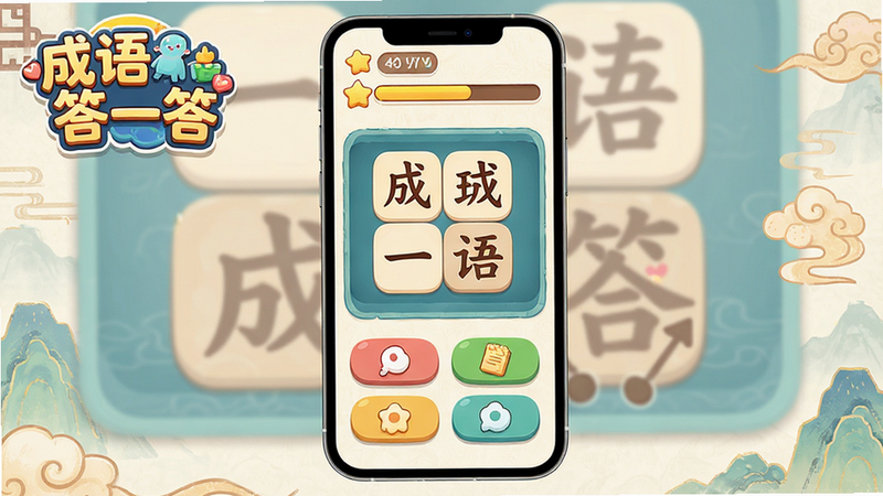 主体:一款名为“成语答一答”的手机游戏界面,布局:竖屏移动端UI设计,顶部显示分数和进度条,中间是核心答题区域,包含一个由四个汉字组成的成语填空题,下方是选项按钮,排版:清晰简洁,重点突出答题区,风格:扁平化卡通风格,色彩明亮温馨,细节:界面元素圆润可爱,背景为淡雅的中国风纹理,文字:“成语答一答”作为Logo清晰可见,画质:高清渲染,干净,无多余元素