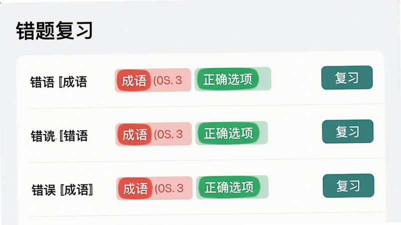 主体:错题本功能界面,布局:列表式展示,每行显示一个错误的成语及正确选项,右侧有“复习”按钮,排版:列表整齐,信息层级分明,风格:极简主义,细节:错误选项用红色标注,正确选项用绿色标注,文字:“错题复习”标题清晰,画质:高分辨率,界面整洁