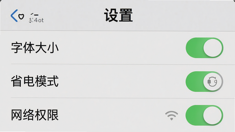 主体:手机端设置界面截图,布局:垂直列表展示,包含“字体大小”、“省电模式”、“网络权限”等选项,排版:左侧为设置项名称,右侧为开关或选择器,风格:简洁直观,细节:开关状态清晰可见,文字:“设置”标题醒目,画质:清晰,无噪点