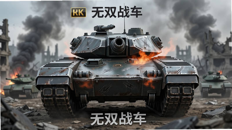 主体为一辆充满未来科技感的重型坦克居中展示,背景是硝烟弥漫的战场废墟,布局采用中心对称构图,突出战车的威武姿态,排版留白适当以突显主体,风格为写实3D渲染,细节展现金属划痕与炮管热浪,画质高清8K,干净无多余元素,文字标签为