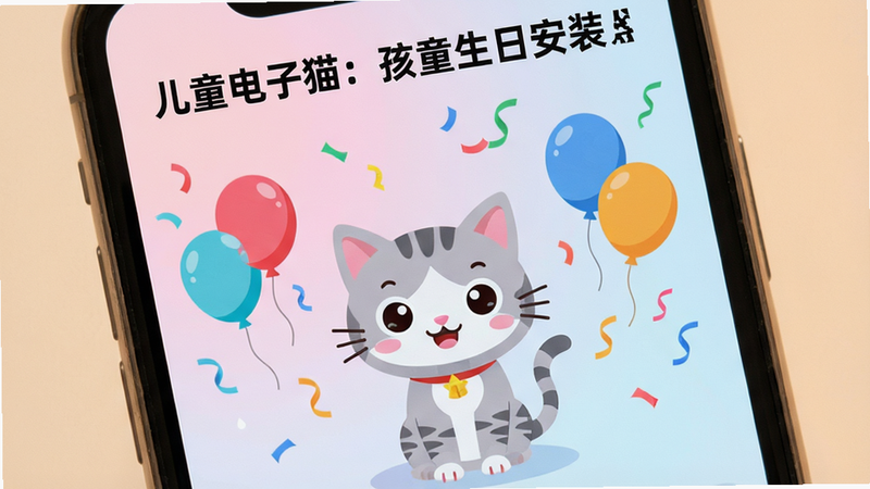 一张温馨的手机屏幕特写,屏幕中央显示着一只可爱的卡通电子猫,背景是柔和的粉色与淡蓝色渐变,周围漂浮着彩色的生日气球和彩带,屏幕顶部清晰显示文字“儿童电子猫:孩童生日安装器”,整体风格扁平化、高清晰度、无杂乱元素、干净明亮