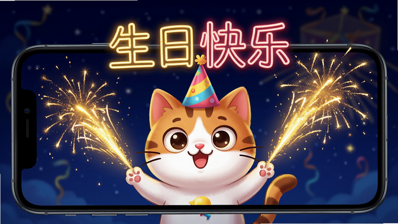 手机屏幕显示一只戴着生日帽的卡通猫,周围喷射出金色的烟花特效,背景是深邃的夜空,文字“生日快乐”以霓虹灯效果呈现,色彩鲜艳,动态感强,画质细腻,无多余噪点