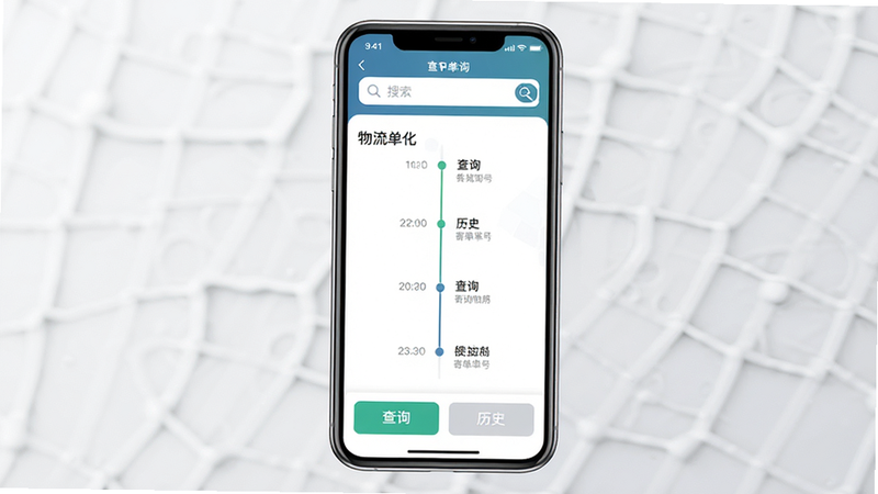 主体为手机屏幕展示快递查询寄收单号APP界面,布局简洁居中,顶部显示搜索框,中部为物流轨迹时间轴,底部为功能按钮,风格扁平化现代UI,细节包含清晰的文字标签如“查询”“历史”,画质高清,干净无多余元素,背景为浅灰色渐变
