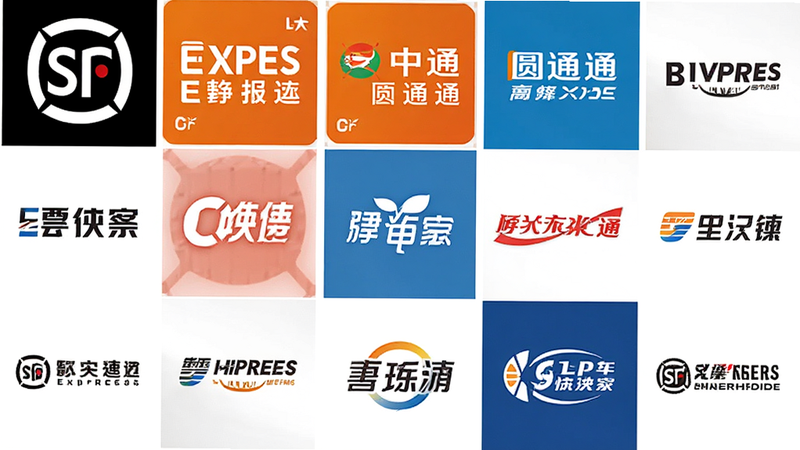 主体为多家快递公司Logo排列图,布局网格状,排版整齐,风格商业简约,细节展示顺丰、中通、圆通等品牌标识,画质高保真,干净背景,无多余装饰