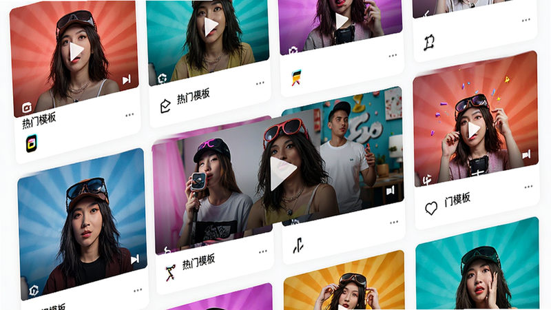 主体为抖极速剪辑APP的模板选择页面,布局为网格状卡片展示,排版紧凑有序,风格为活力多彩,细节处每个卡片显示不同视频封面预览,画质超清,干净,无多余元素,文字包含