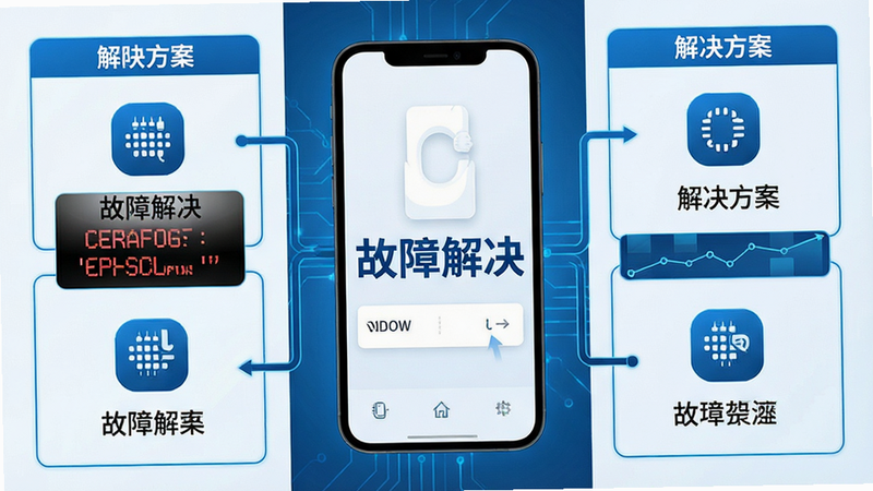 主体为手机故障排查场景,布局为分步骤图解,排版清晰,风格为科技蓝色调,细节处显示错误代码与解决方案图标,画质高清,干净,无多余元素,文字包含