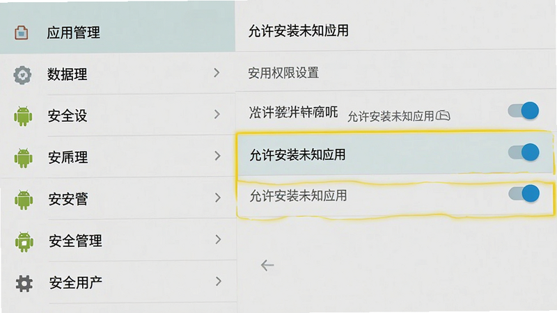 主体为安卓手机设置界面截图,显示“应用管理”或“安全设置”页面,重点高亮“允许安装未知应用”的开关选项。背景为浅灰色,文字清晰。布局为典型安卓UI风格,左侧为设置列表,右侧为开关。风格扁平化,简洁明了,细节处可见安卓机器人图标。画质清晰,无多余弹窗,文字显示为“安装权限设置”