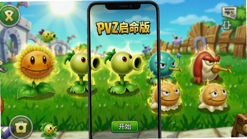 主体为一部竖屏显示的安卓智能手机,屏幕中清晰展示游戏“PVZ启命版”的主界面。界面背景是经典的阳光草坪,前景排列着多种经过皮肤重制的植物角色,如向日葵、豌豆射手等,它们身上散发着微弱的金色光芒特效,暗示“启命”系统。布局为居中构图,UI界面简洁,底部有开始游戏按钮。风格为高清写实与卡通结合,色彩鲜艳明亮,细节丰富,画质4k,干净无多余水印,文字显示为“PVZ启命版”