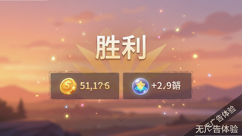 主体为游戏结算界面,显示“胜利”字样,背景为柔和的黄昏色调。界面中央显示获得的金币和能量球,周围漂浮着细微的光粒子。布局对称,视觉焦点集中在奖励数值上。风格清新简约,色彩温暖,无广告横幅,无弹窗,画质细腻,干净,无多余UI干扰,文字显示为“无广告体验”