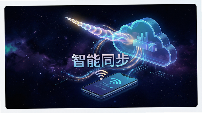 概念图展示数据流如独角兽角的光芒般连接云端与手机,线条流畅发光,背景为深空色调,主体清晰,布局平衡,风格未来主义,细节丰富,画质高清,干净,无多余元素,文字内容为